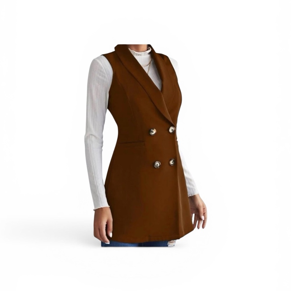 SHEIN Brown Double-Breasted Sleeveless Blazer